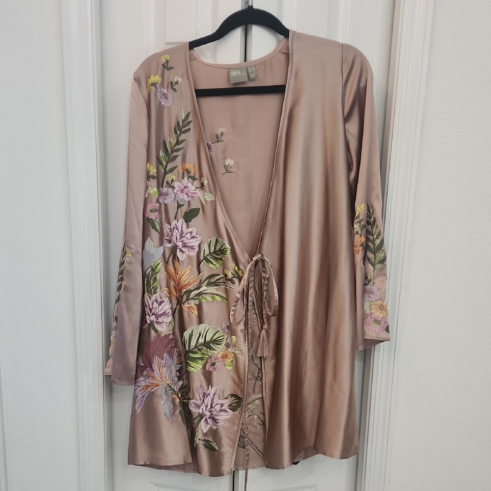 ASOS Embroidered Satin Robe - Pink and Green